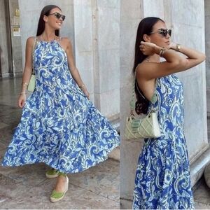 Zara Cotton Tiered Halter Maxi Dress Paisley Print Size Medium